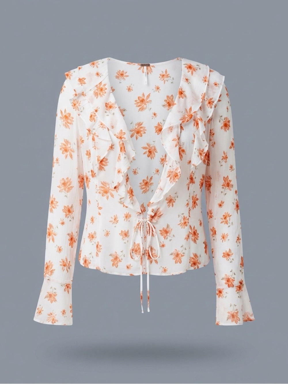 Free People White Blouse with Orange Floral Print